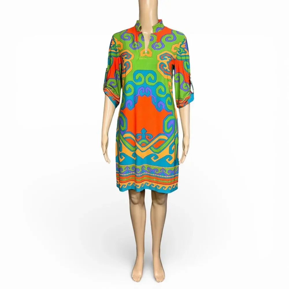 Donna Morgan Womens Tunic Shift Dress Retro Geo Print Pullover Green Orange Sz 6